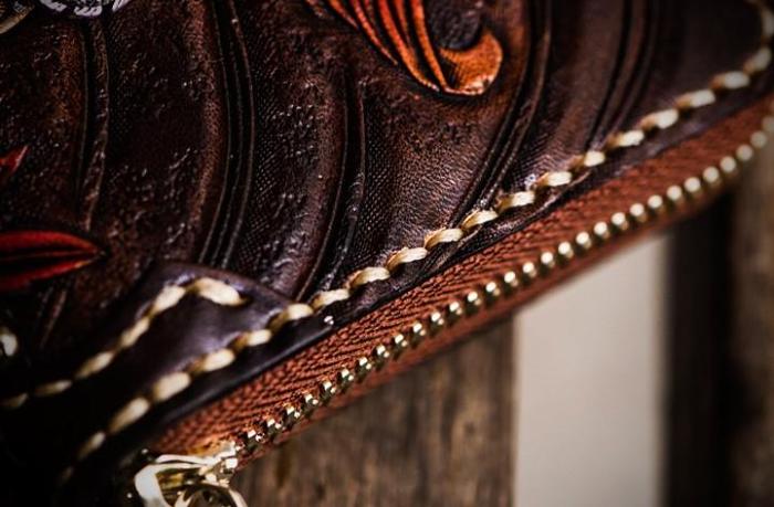 Handmade Leather Tooled Carp Mens Chain Biker Wallet Cool Leather Wallet Long Phone Wallets for Men