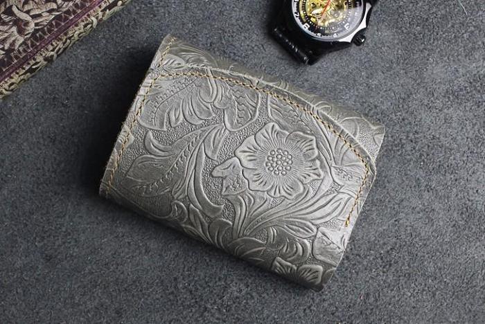 Handmade Leather Floral Mens Trifold Cool billfold Wallet Card Holder Small Card Slim Wallets for Men