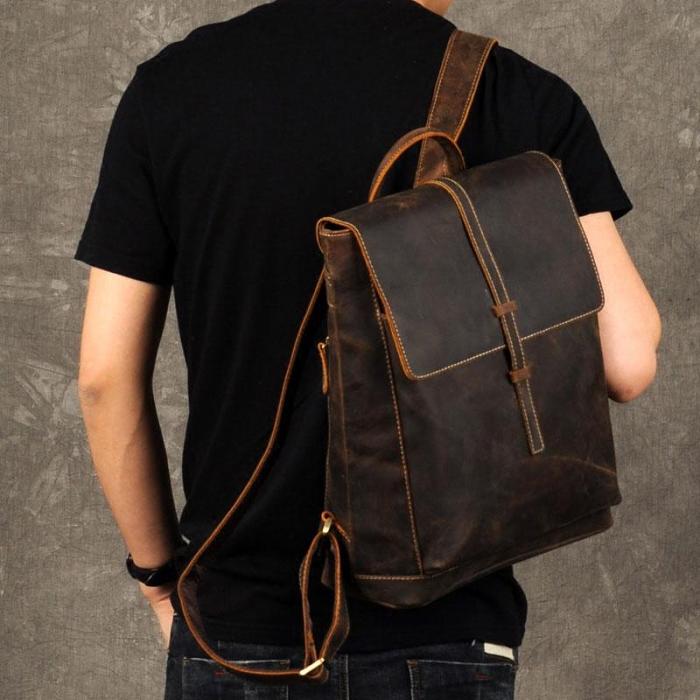 Genuine Leather Mens Cool Backpack Sling Bag Large Brown Travel Bag Hiking Bag for men