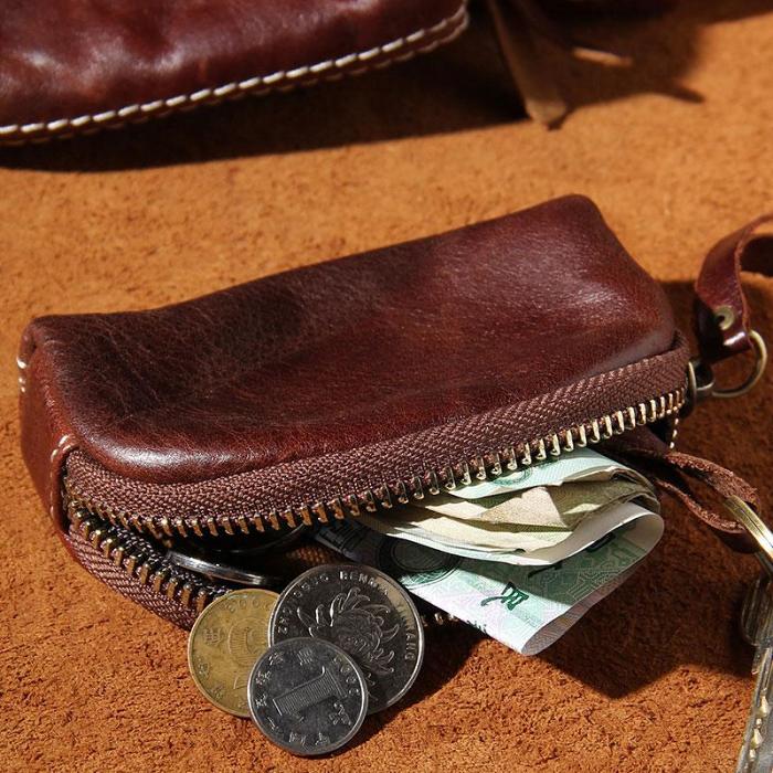Mens Small Leather Change Wallet Pouch With Key Card Holder Car Key Case for Men