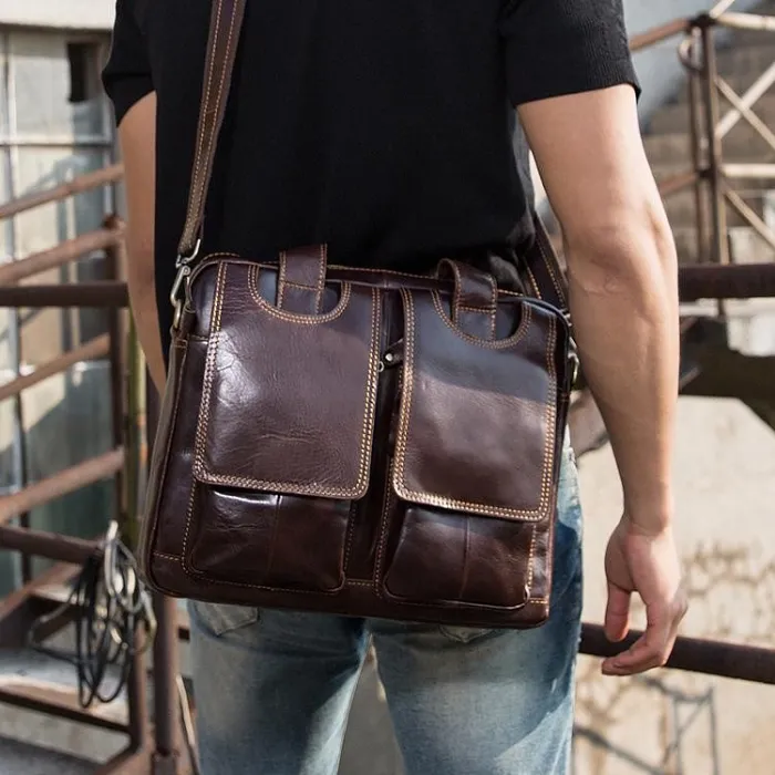 Cool Coffee Leather Mens 13 inches Vertical Briefcase Side Bag Messenger Bags Work Bags Courier Bag for Men