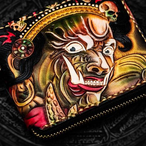 Handmade Leather Chain Wallet Tooled Mah¨k¨la Biker Wallet Mens Cool billfold Trucker Wallet with Chain