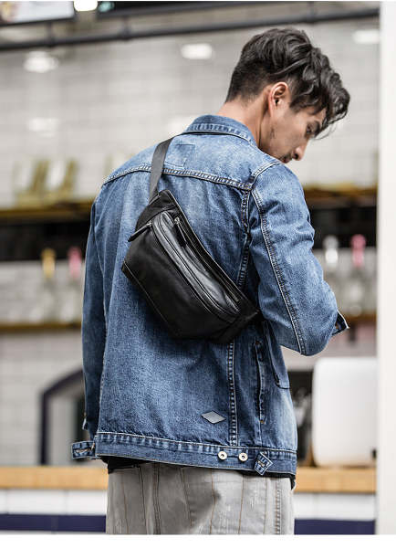 Black Mens Leather Fanny Pack Chest Bag Black Leather Bumbag Leather Belt Bag For Men
