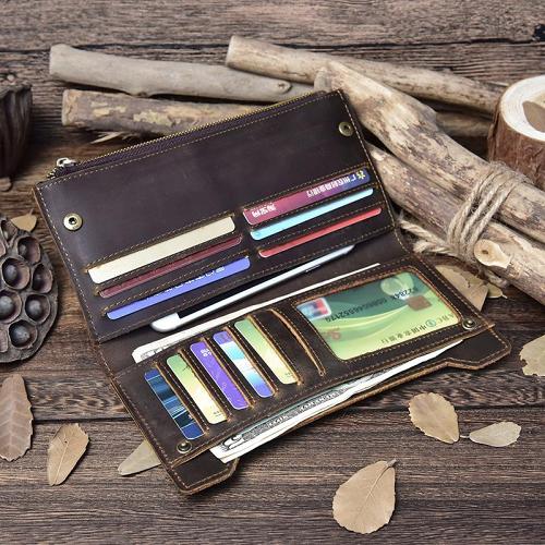 Handmade Leather Mens Cool Long Leather Wallet Passport Wallet Travel Wallet for Men