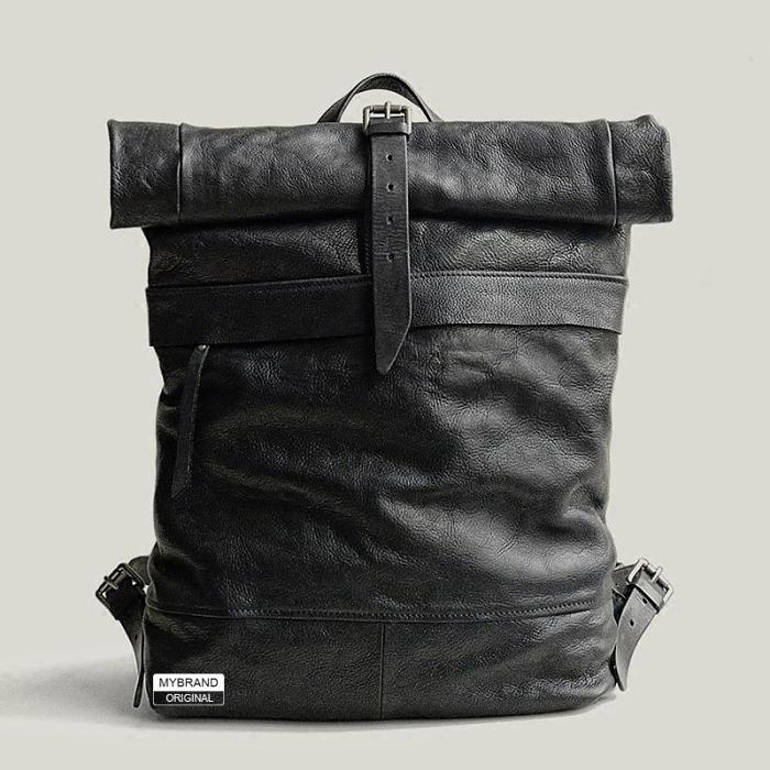 Genuine Leather Mens Cool Backpack Sling Bag Large Black Travel Bag Hiking Bag for men
