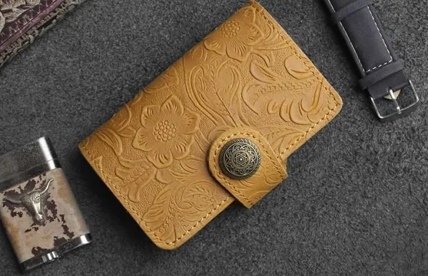 Handmade Leather Floral Mens Cool Short Wallet Card Holder Small Card Slim Wallets for Men