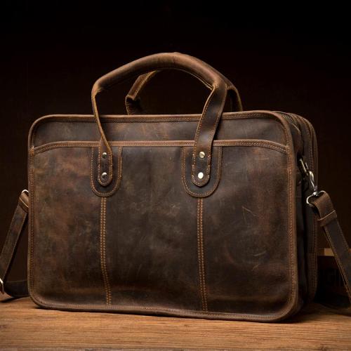 Cool Dark Brown Mens Leather 15 inches Large Briefcase Work Bag Side Bag Travel Handbag for Men