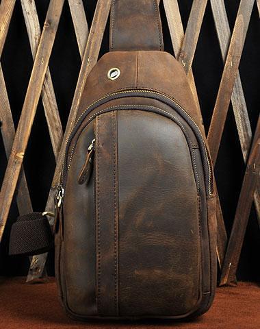 Cool Brown Mens Leather Chest Bags Sling Bag One Shoulder Backpack For Men