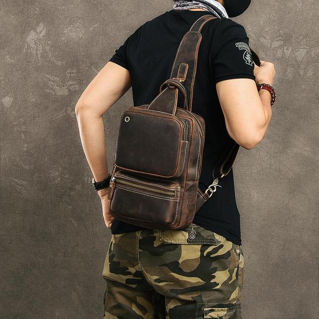 Cool Leather Mens 10 Brown Sling Bag Chest Bag Dark Coffee One Shoulder Backpack for Men