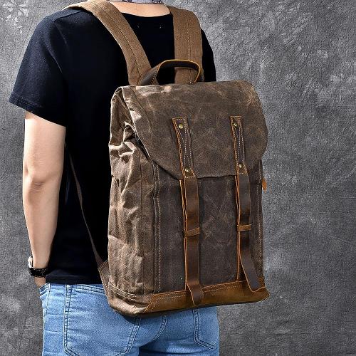 Waxed Canvas Leather Mens 15 Gray Computer Backpack Brown Travel Backpack College Backpack for Men