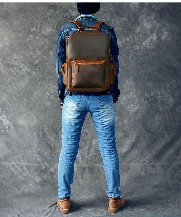 Vintage Brown Leather Mens 15 Laptop Backpack Hiking Backpack Travel Backpack College School Bag for Men