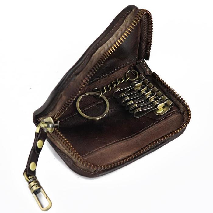 Vintage Brown Leather Men's Car Key Wallet Black Key Zipper Wallet For Men