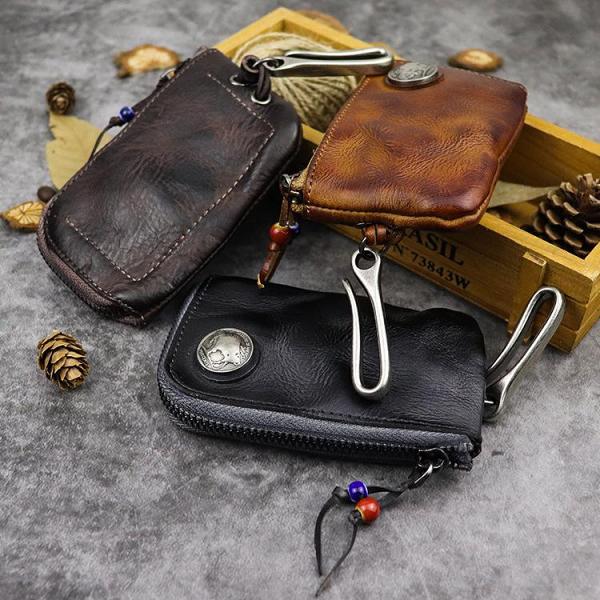 Vintage Brown Leather Men's Car Key Wallet Black Zipper Key Wallet For Men