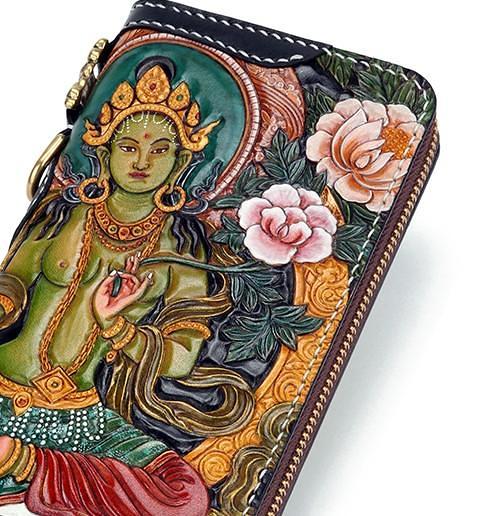 Handmade Leather Green Tara Buddhism Mens Chain Biker Wallet Cool Leather Wallet With Chain Wallets for Men