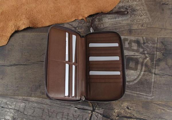 Handmade Genuine Leather Mens Cool Long Leather Wallet Zipper Clutch Wristlet Wallet for Men