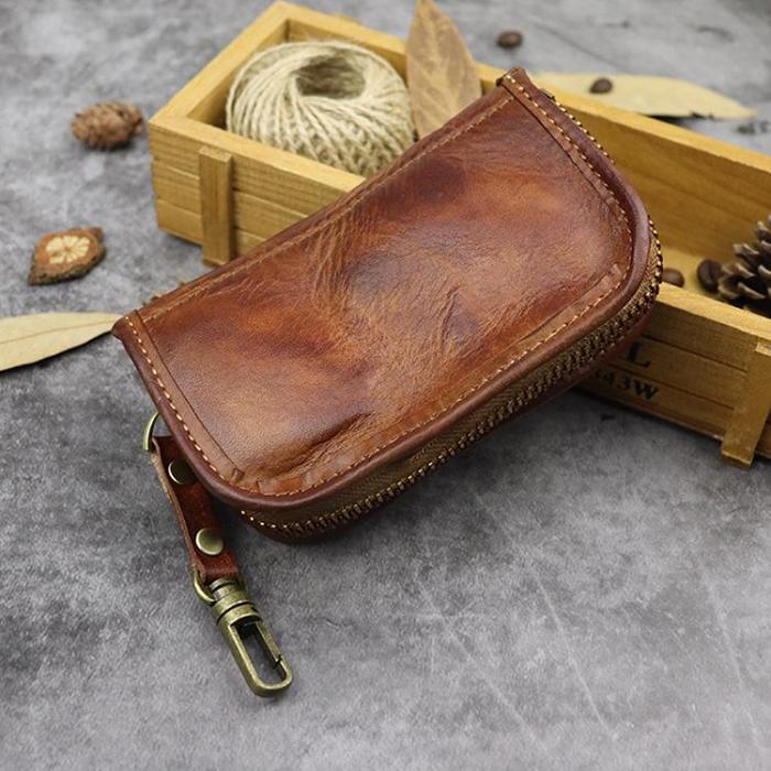 Vintage Brown Leather Men's Car Key Wallet Black Key Zipper Wallet For Men