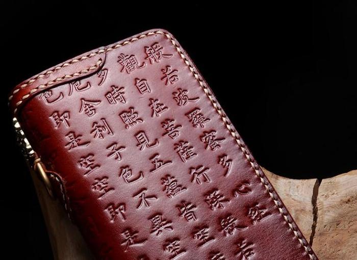 Handmade Leather Mens Chain Prajna Paramita Biker Wallet Cool Leather Wallet Long Phone Wallets for Men