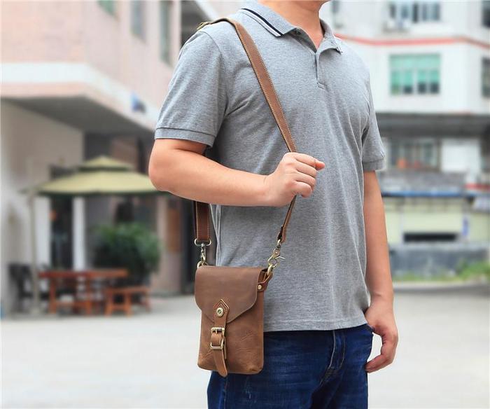 Vintage Brown Leather Men's Belt Pouch Cell Phone Holster Belt Bag Mini Side Bag For Men