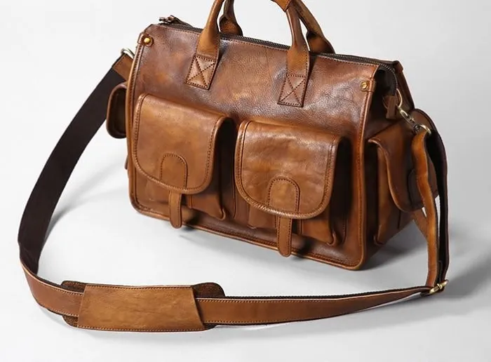 Handmade Genuine Leather Vintage Brown Mens Travel Bag Cool Messenger Bag Shoulder Bag Handbag for Men