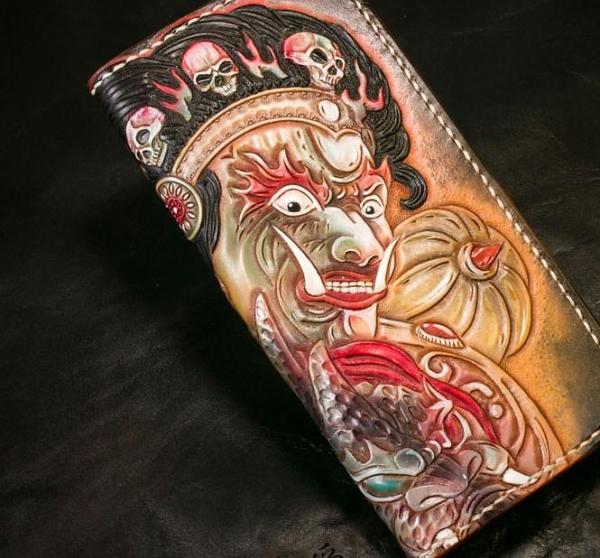 Handmade Leather Tooled Mahākāla Mens Chain Biker Wallet Cool Leather Wallet Long Clutch Wallets for Men
