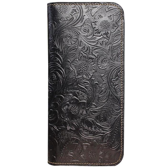 Handmade Leather Floral Mens Cool Travel Long Wallet Card Holder Card Slim Clutch Wallets for Men