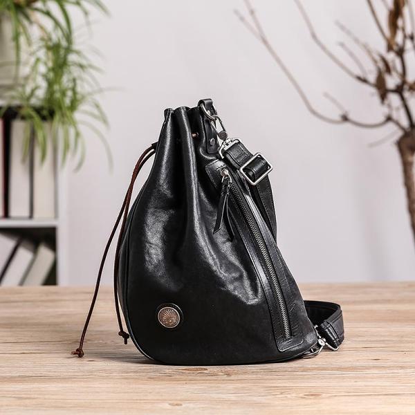 Cool Black Leather Men's Sling Pack Chest Bag One shoulder Backpack Crossbody Pack For Men