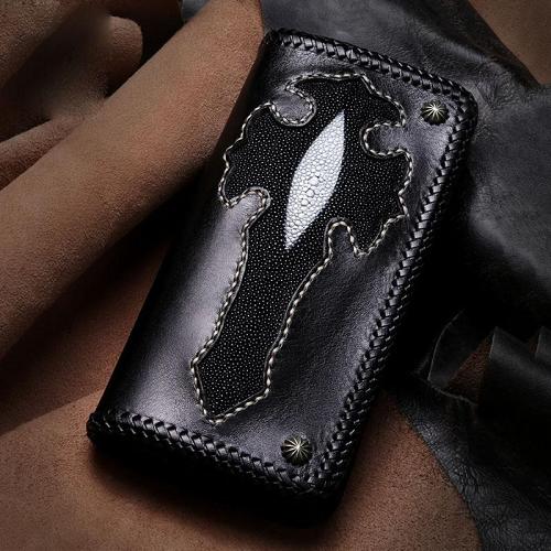 Handmade Leather Cross Mens Biker Wallet Cool Leather Wallet Long Phone Wallets for Men