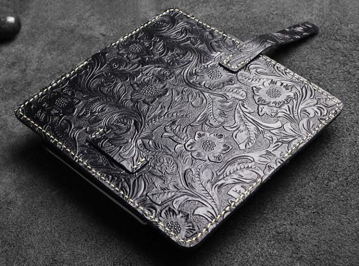 Handmade Leather Floral Mens Cool Travel Long Wallet Card Holder Card Slim Clutch Wallets for Men
