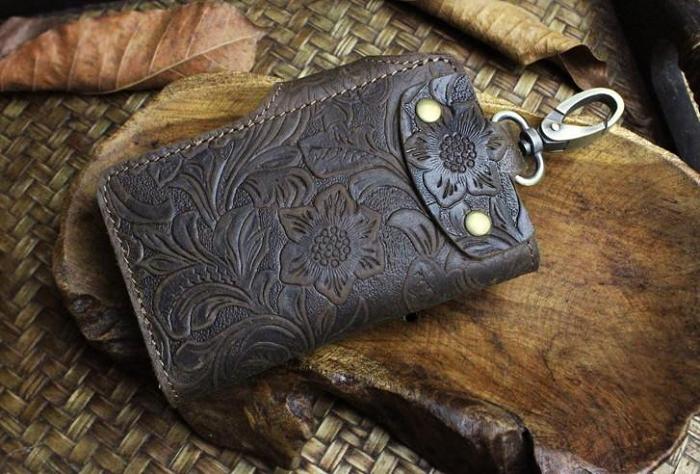Handmade Leather Floral Mens Cool Key Wallet Wallet Card Holder Small Card Keychain Wallets for Men