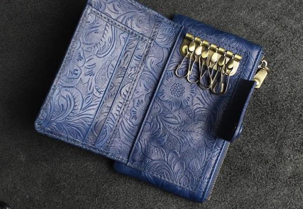 Handmade Leather Floral Mens Cool Key Wallet Wallet Card Holder Small Card Keychain Wallets for Men