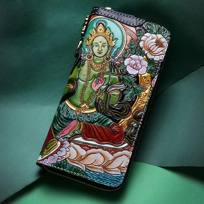 Handmade Leather Green Tara Buddhism Mens Chain Biker Wallet Cool Leather Wallet With Chain Wallets for Men