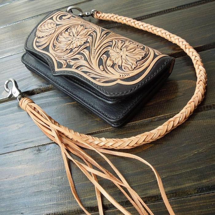 Handmade Leather Biker Wallet Tooled Floral Mens Cool Chain Wallet Trucker Wallet with Chain
