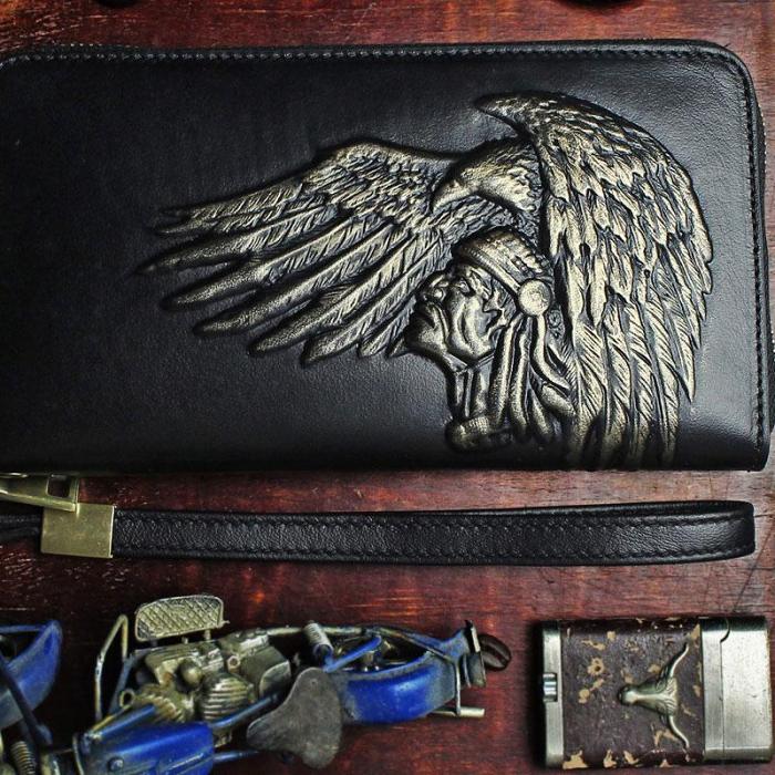 Handmade Leather Mens Tooled Indian Cool Zipper Phone Travel Long Wallet Card Holder Card Slim Clutch Wallets for Men