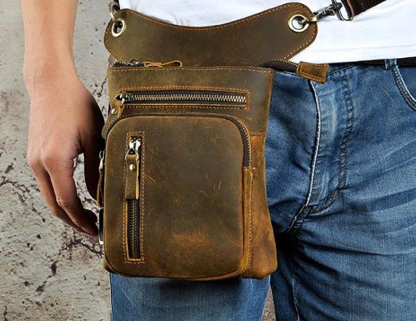 Cool Leather Mens Drop Leg Bag Belt Pouch Waist Bag Shoulder Bag for Men