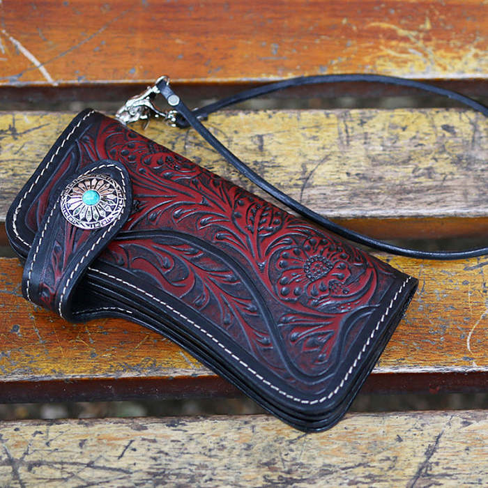 Handmade Tooled Leather Floral Biker Chain Wallet Mens Long Wallet with Chain for Men