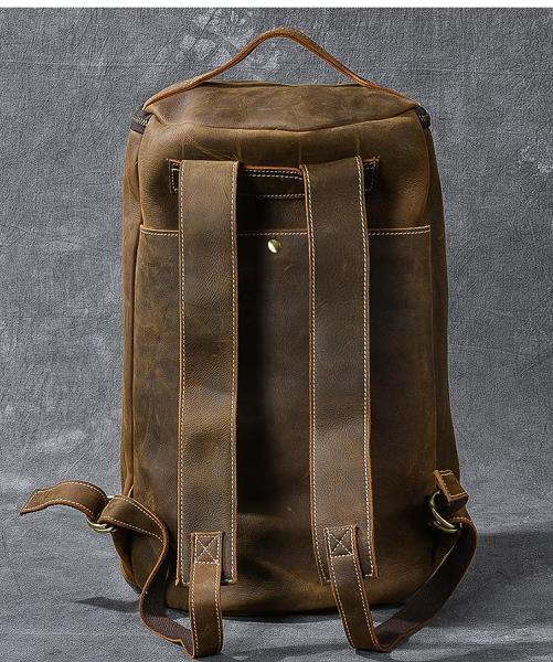 Brown Leather Mens 15 Laptop Bucket Hiking Backpack Travel Backpack Barrel Backpack for Men