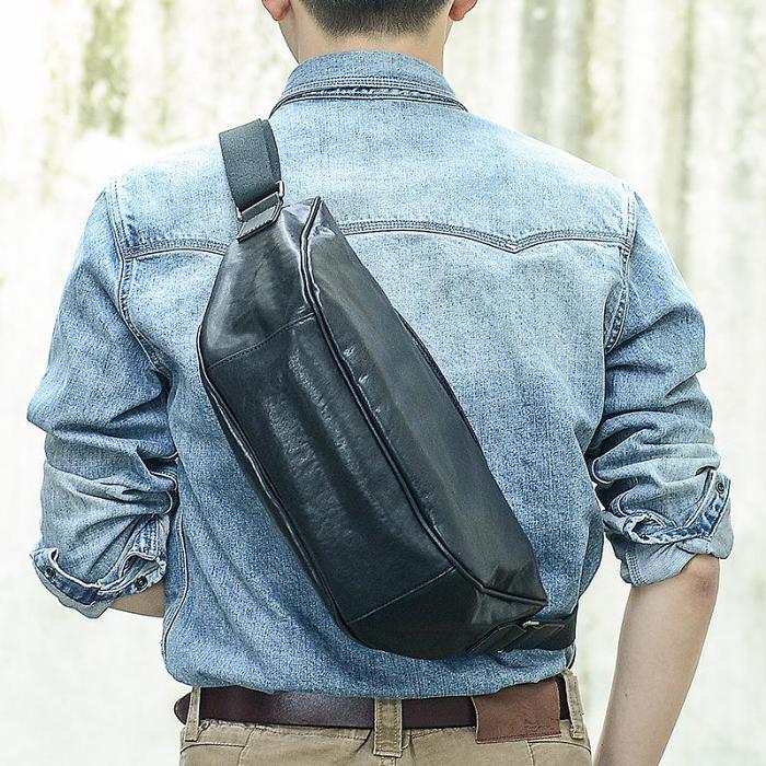 Cool Black Leather Men Chest Bag Large Sling Bag One Shoulder Backpack Sling Packs For Men