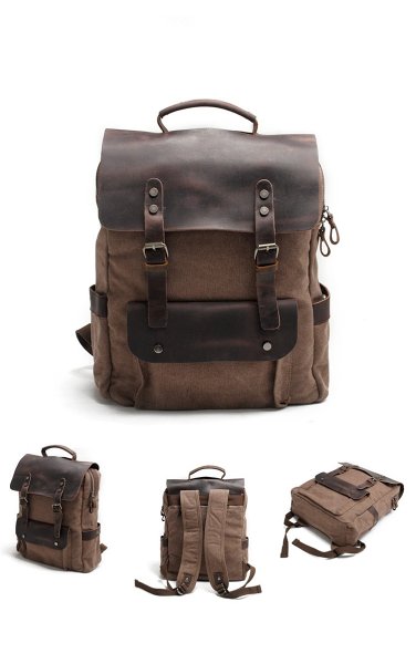 Cool Canvas Leather Mens 15'' College Gray Computer Backpack Travel Backpack for Men
