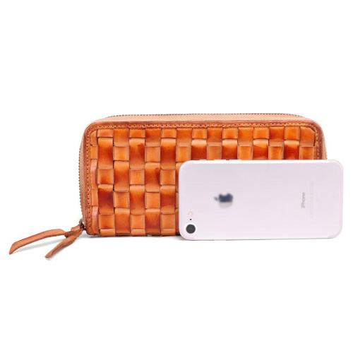 Cool Tan Mens Leather Long Wallet Braided Zipper Long Wallet for Men