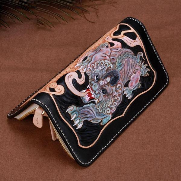 Handmade Leather Mens Clutch Wallet Cool Pixiu Tooled Wallet Long Zipper Wallets for Men