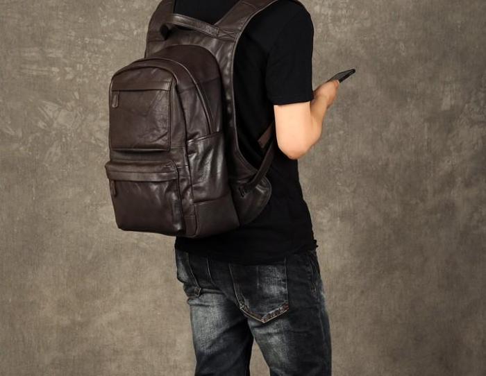 Genuine Leather Mens Cool Backpack Sling Bag Large Black Travel Bag Hiking Bag for men