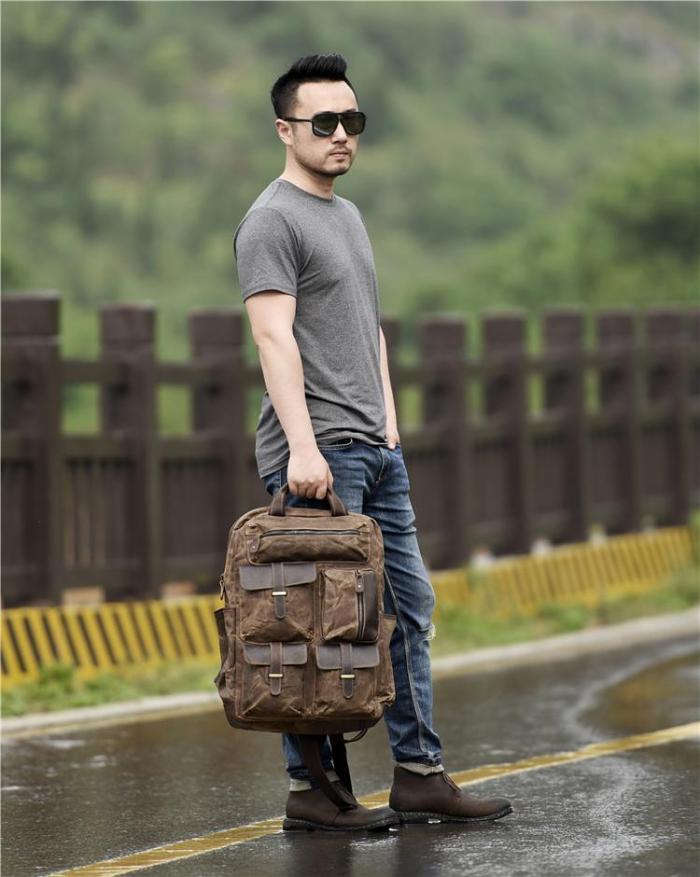 Oil Wax Canvas Mens Cool Backpack Sling Bag Large Sport Bag Travel Bag Hiking Bag for men