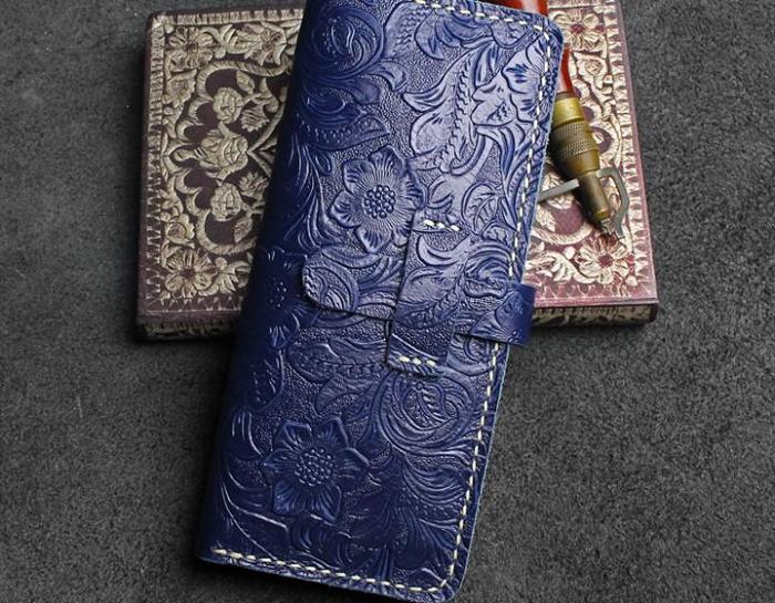 Handmade Leather Floral Mens Cool Travel Long Wallet Card Holder Card Slim Clutch Wallets for Men