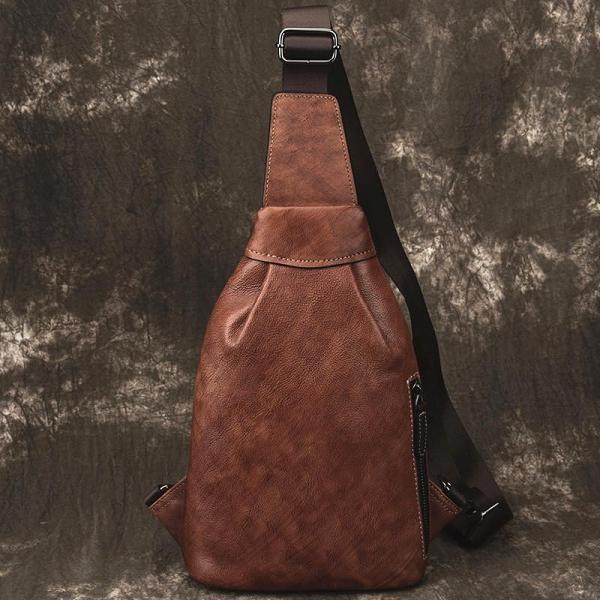 Brown Cool LEATHER MENS Sling Bag One Shoulder Backpack Chest Bag For Men