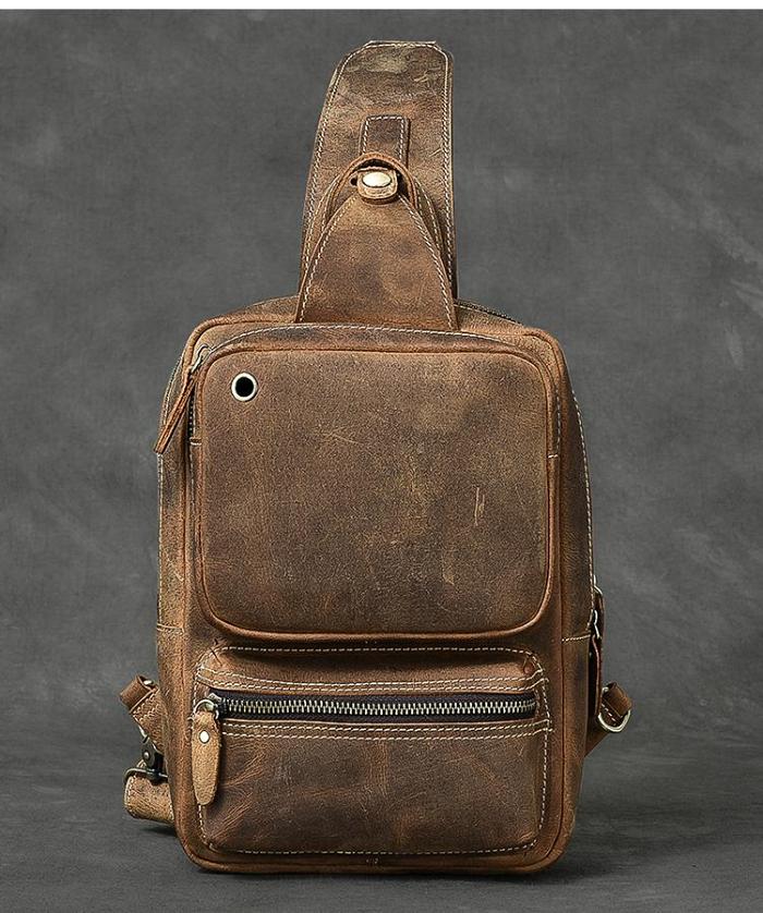 Cool Leather Mens 10 Brown Sling Bag Chest Bag Dark Coffee One Shoulder Backpack for Men