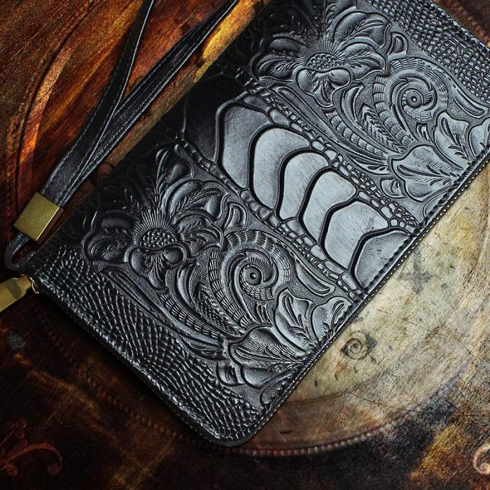 Handmade Leather Mens Tooled Floral Cool Zipper Phone Travel Long Wallet Card Holder Card Slim Clutch Wallets for Men
