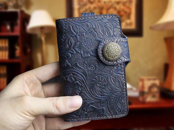 Handmade Leather Floral Mens Cool Key Wallet Wallet Card Holder Small Card Keychain Wallets for Men