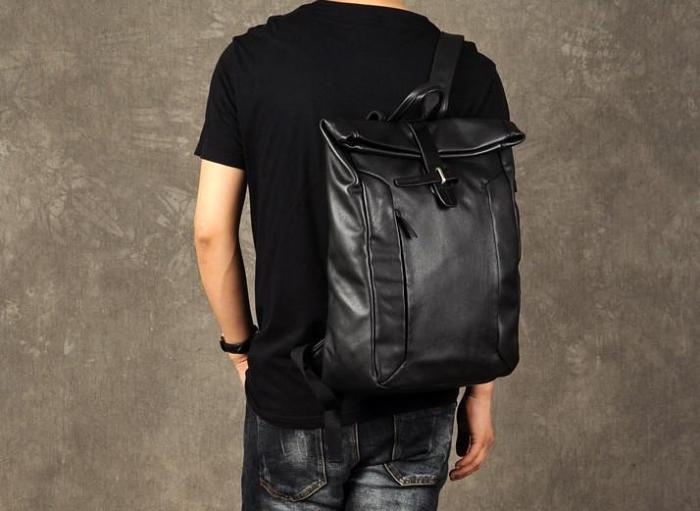 Genuine Leather Mens Cool Backpack Sling Bag Large Black Travel Bag Hiking Bag for men
