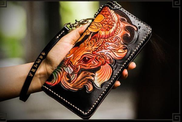 Handmade Leather Tooled Carp Mens Chain Biker Wallet Cool Leather Wallet Long Phone Wallets for Men