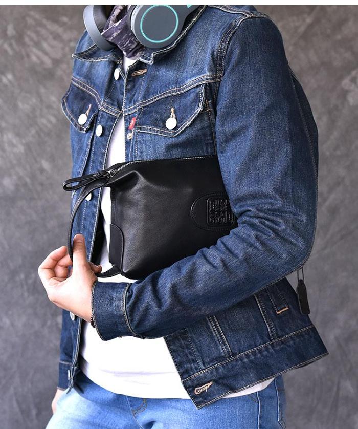 Black Leather Mens 8 HandBag Zipper Brown Clutch Bag Storage Bag For Men
